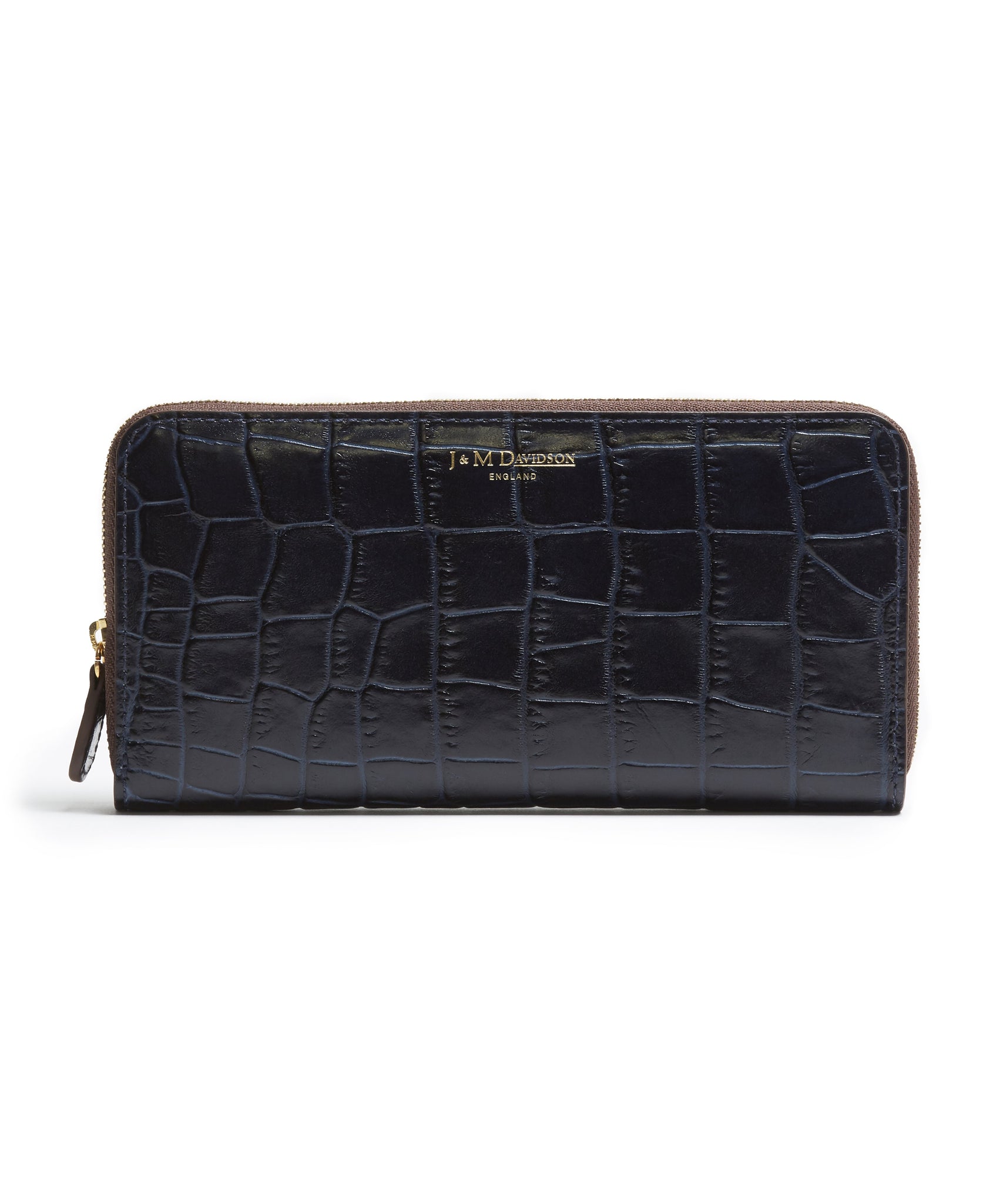 Elongated Moc Croc Zip Wallet (Navy) by J&M Davidson