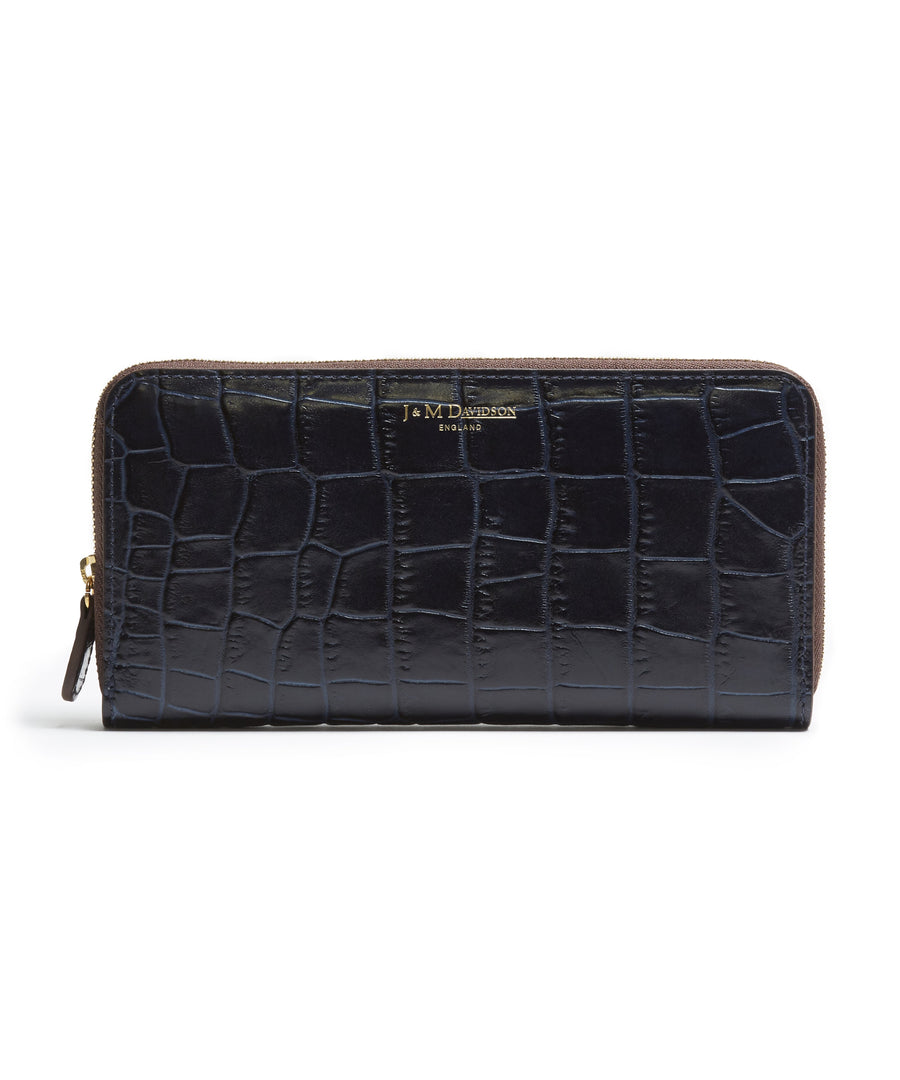 Elongated Moc Croc Zip Wallet (Navy) by J&M Davidson