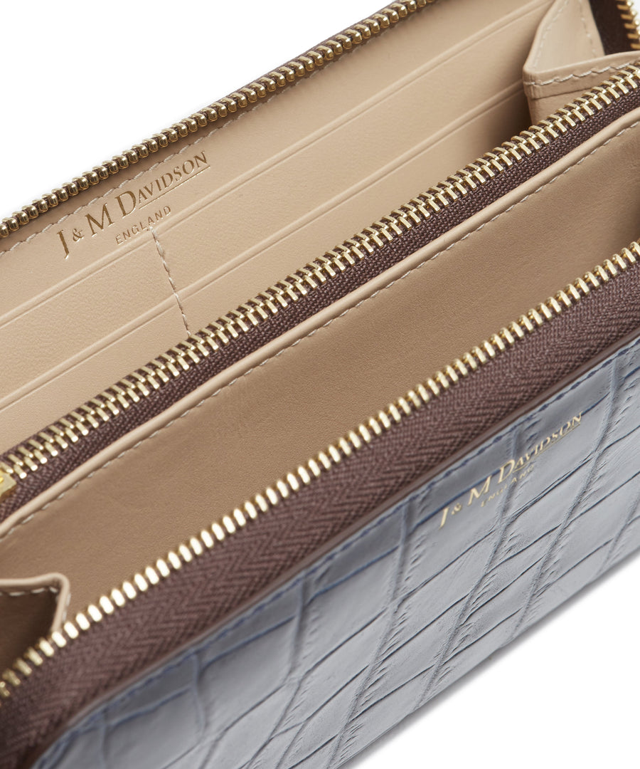Elongated Moc Croc Zip Wallet (Navy) by J&M Davidson